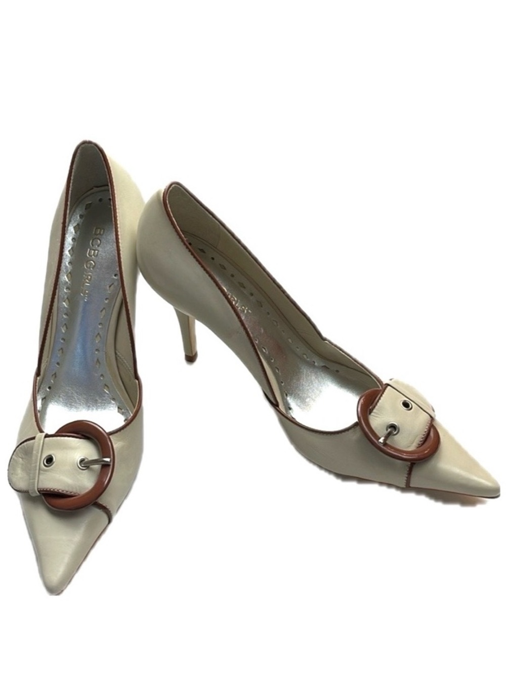 BCBGIRLS CREAM & BROWN BUCKLE PUMPS